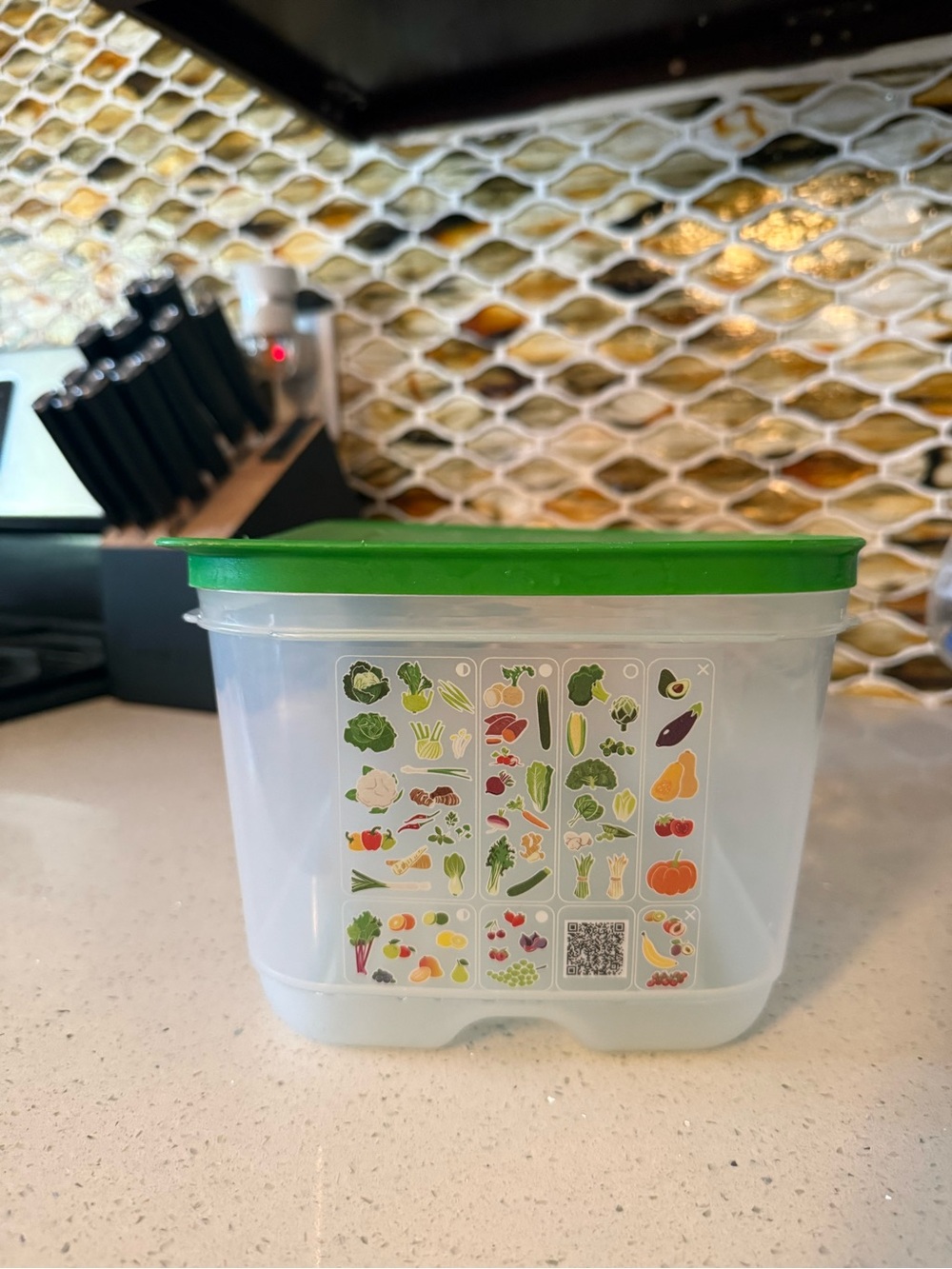 Tupperware Clear Container with Green Lid and Vegetable Graphic